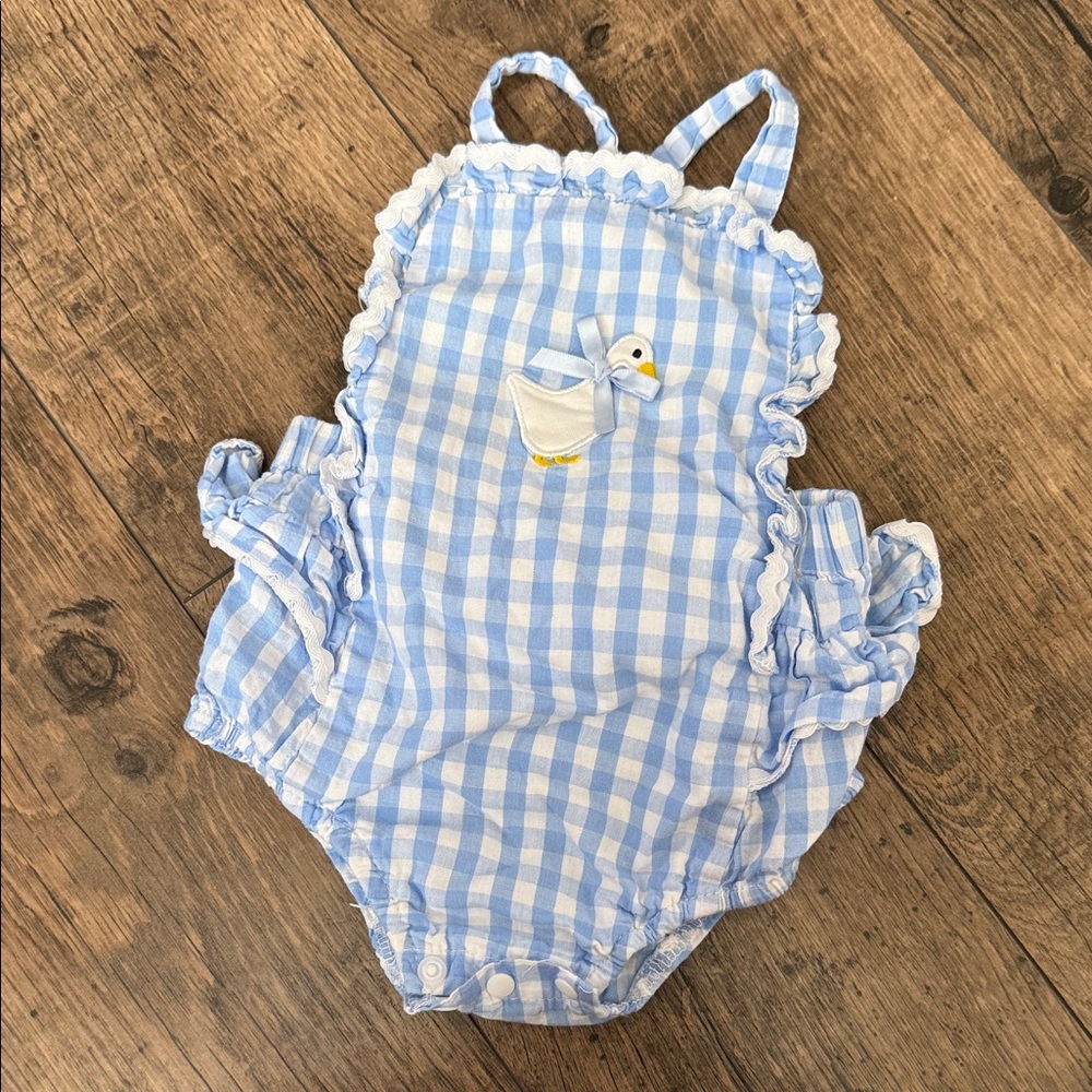 Blue Gingham Baby Romper with Duck Appliqué